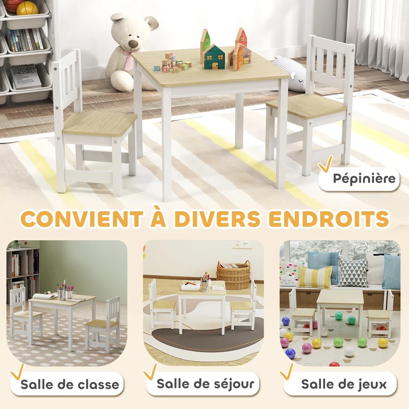 Lot de 3 table enfant avec 2 chaises 56 x 52 x 48 cm ergonomique sécurisé pour 3 à 8 ans scandinave en bois naturel 21_0000231