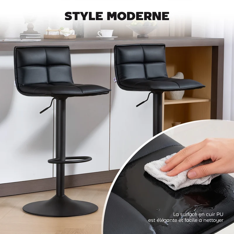 Lot de 2 tabourets de bar réglables 44 x 45 x 85-106 cm assise pivotante ergonomique moderne design pour îlot en PU noir 21_0003364