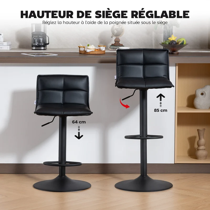 Lot de 2 tabourets de bar réglables 44 x 45 x 85-106 cm assise pivotante ergonomique moderne design pour îlot en PU noir 21_0003364