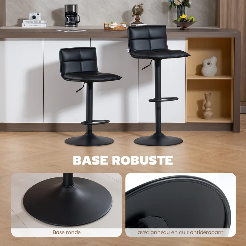 Lot de 2 tabourets de bar réglables 44 x 45 x 85-106 cm assise pivotante ergonomique moderne design pour îlot en PU noir 21_0003364