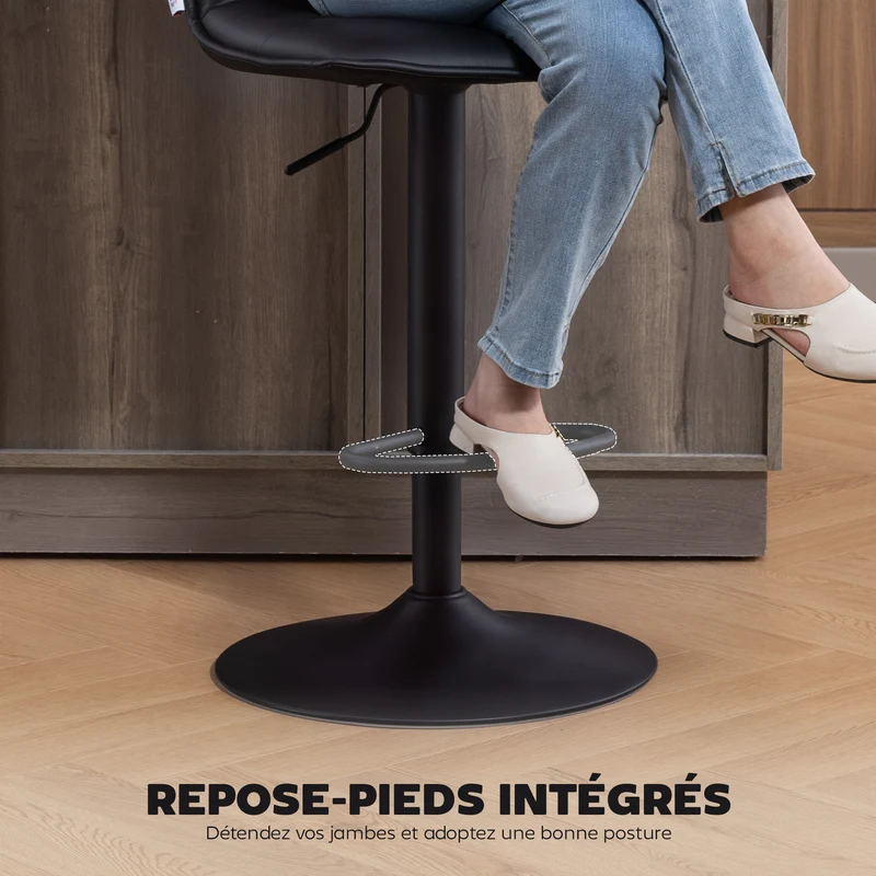 Lot de 2 tabourets de bar réglables 44 x 45 x 85-106 cm assise pivotante ergonomique moderne design pour îlot en PU noir 21_0003364