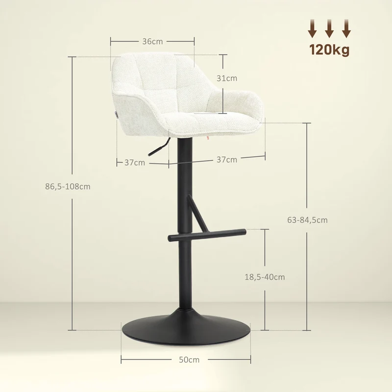 Lot de 2 tabourets de bar 52.5 x 53 x 86.5-108 cm assise pivotante hauteur réglable contemporain en polyester crème 21_0003268