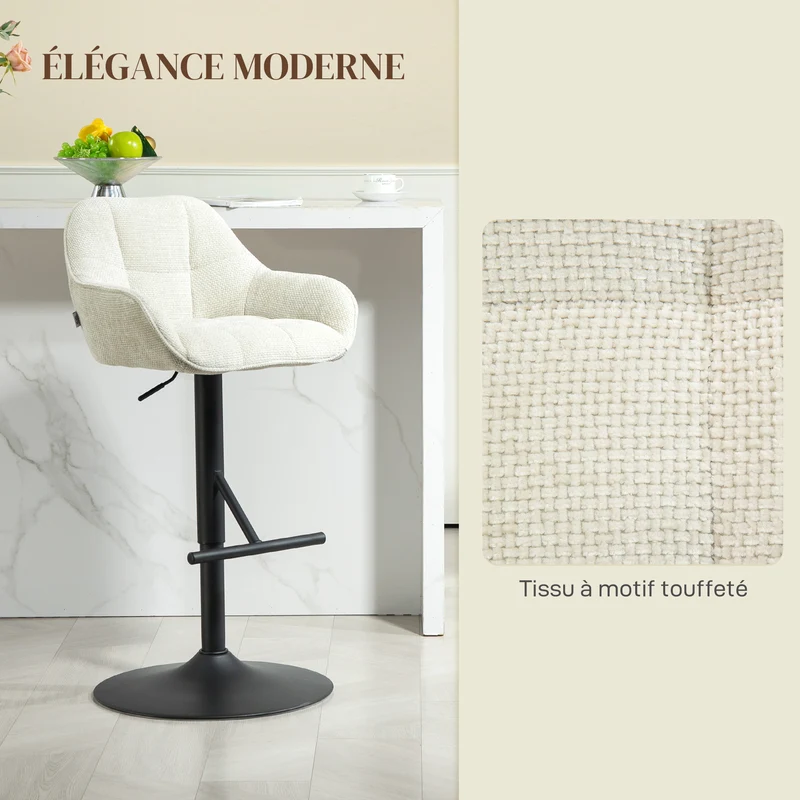 Lot de 2 tabourets de bar 52.5 x 53 x 86.5-108 cm assise pivotante hauteur réglable contemporain en polyester crème 21_0003268