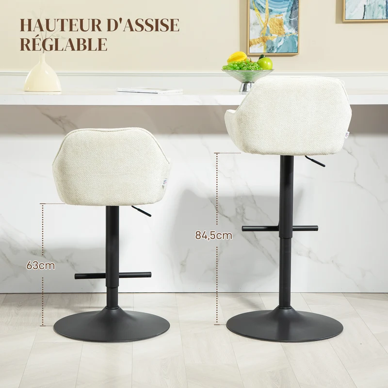 Lot de 2 tabourets de bar 52.5 x 53 x 86.5-108 cm assise pivotante hauteur réglable contemporain en polyester crème 21_0003268