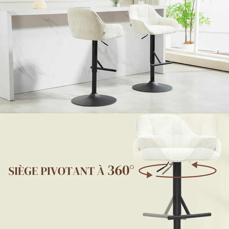 Lot de 2 tabourets de bar 52.5 x 53 x 86.5-108 cm assise pivotante hauteur réglable contemporain en polyester crème 21_0003268