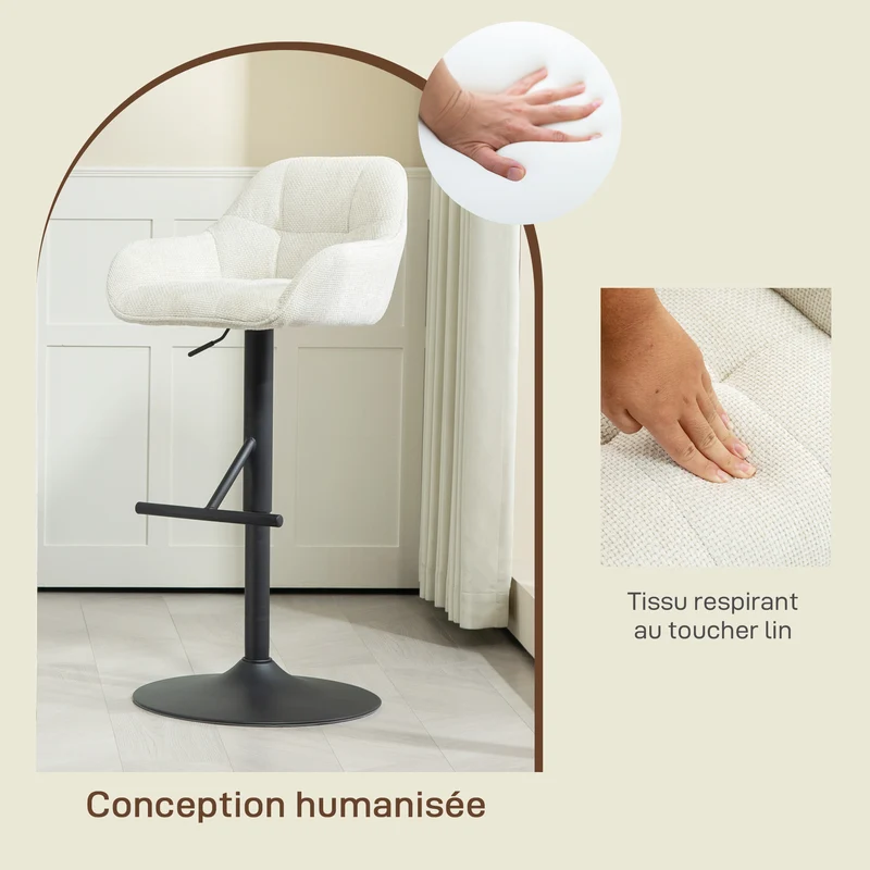 Lot de 2 tabourets de bar 52.5 x 53 x 86.5-108 cm assise pivotante hauteur réglable contemporain en polyester crème 21_0003268