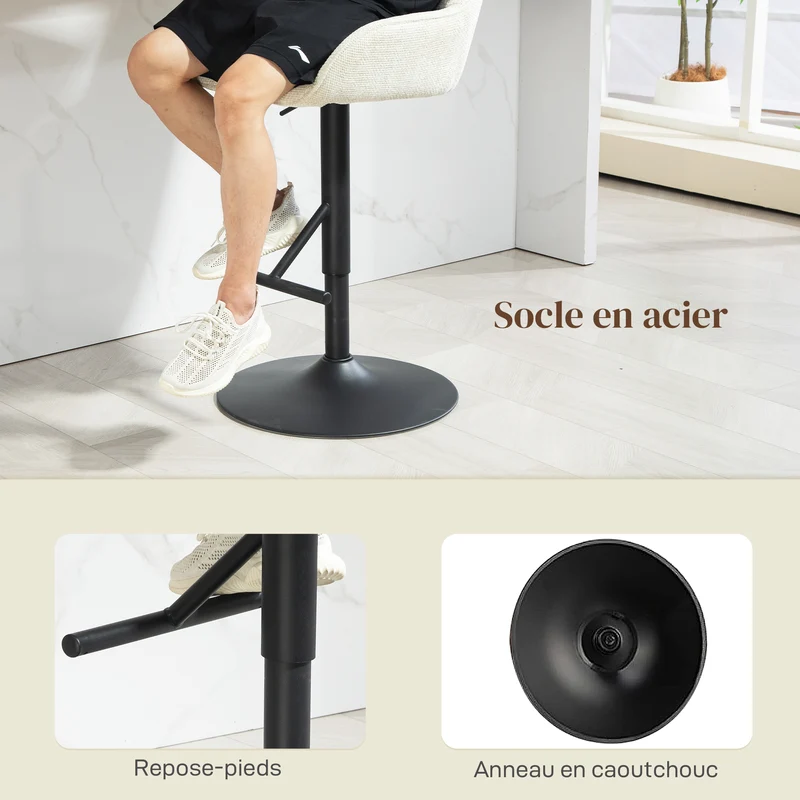 Lot de 2 tabourets de bar 52.5 x 53 x 86.5-108 cm assise pivotante hauteur réglable contemporain en polyester crème 21_0003268