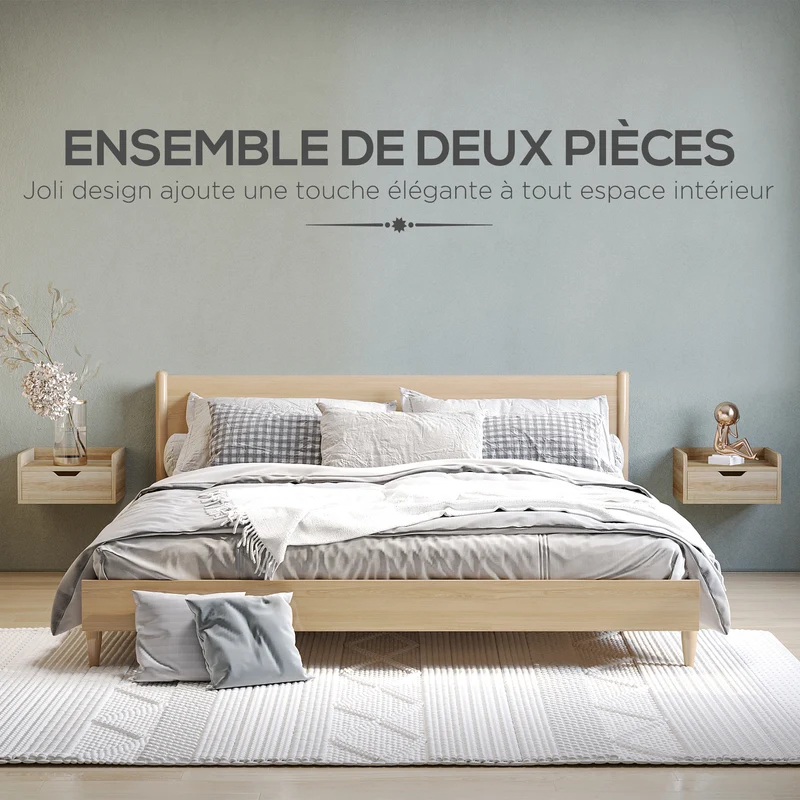 Lot de 2 tables de chevet murales suspendues 40 x 30 x 19,5 cm tiroir scandinave en panneaux de particules bois naturel 21_0001544