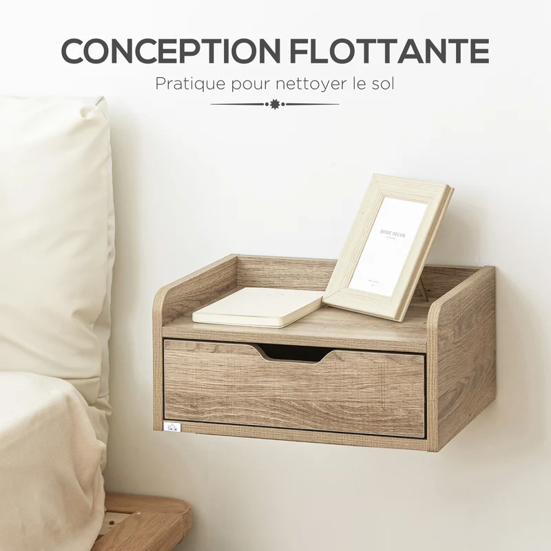 Lot de 2 tables de chevet murales suspendues 40 x 30 x 19,5 cm tiroir scandinave en panneaux de particules bois naturel 21_0001544