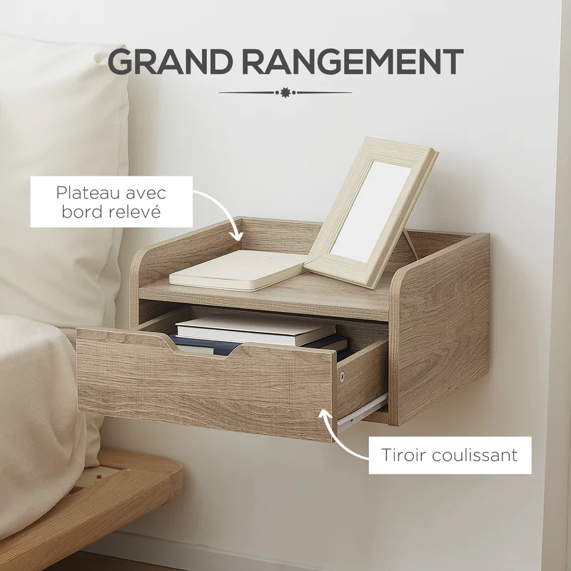 Lot de 2 tables de chevet murales suspendues 40 x 30 x 19,5 cm tiroir scandinave en panneaux de particules bois naturel 21_0001544