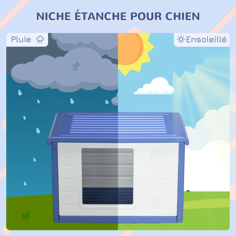 Lot de 2 niches pour chien extérieures 60 x 42 x 40 cm montage facile aération scandinave jardin en polyéthylène bleu 21_0007321