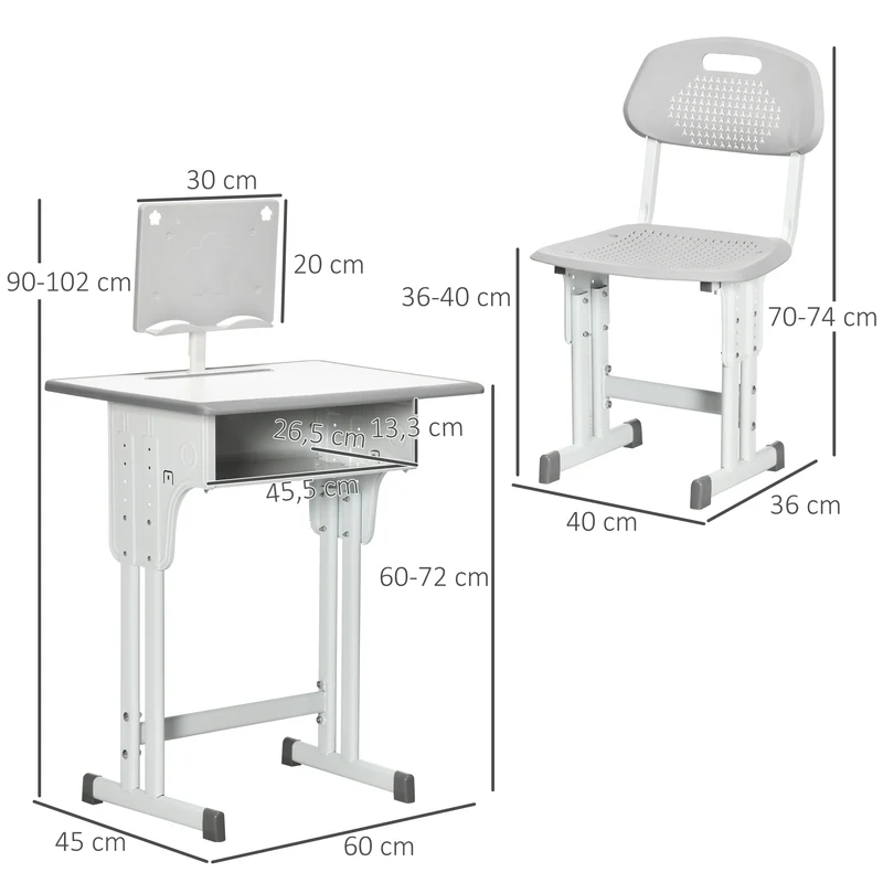 Lot de 2 ensemble bureau et chaise enfant réglable 60 x 45 x 90-102 cm casier support lecture moderne épuré en PP gris 21_0000242
