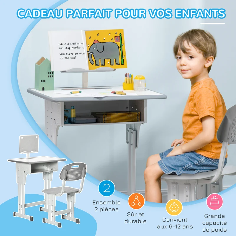 Lot de 2 ensemble bureau et chaise enfant réglable 60 x 45 x 90-102 cm casier support lecture moderne épuré en PP gris 21_0000242