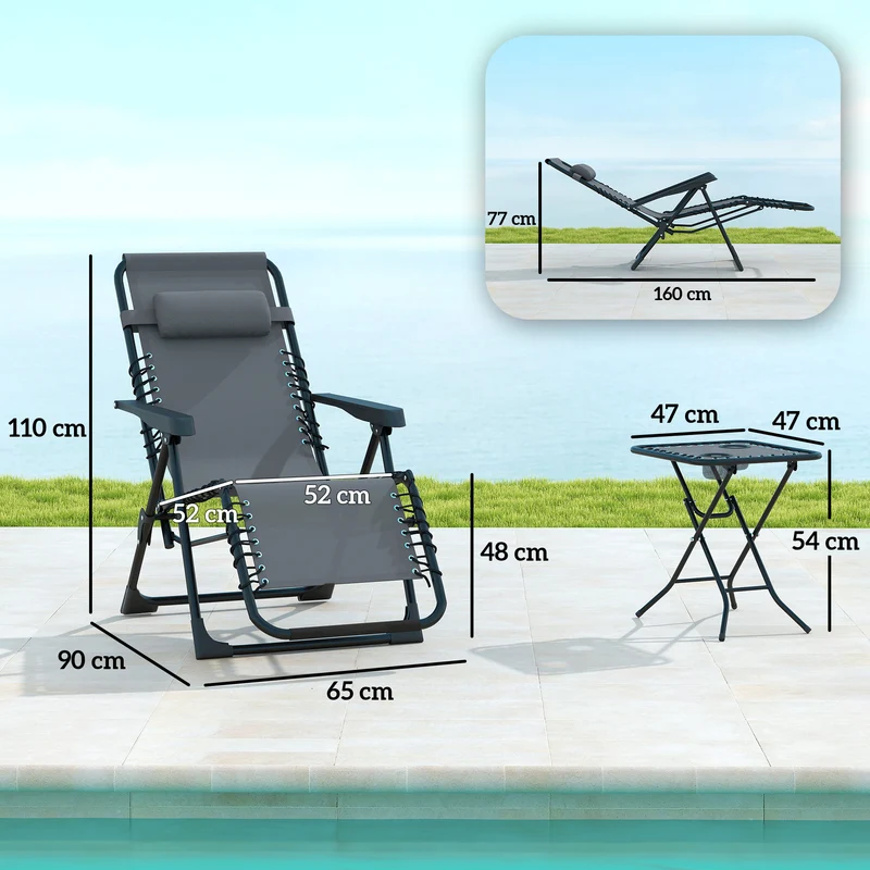 Lot de 2 chaise longue de jardin 90 x 65 x 110 cm inclinable pliable table d'appoint style moderne en textilène gris 21_0005307