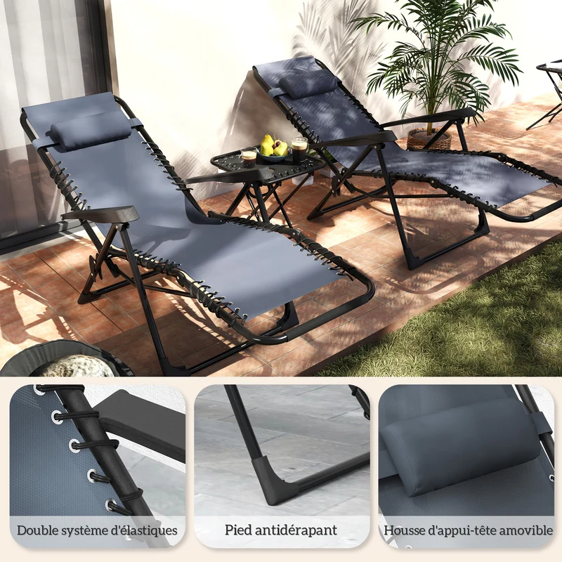 Lot de 2 chaise longue de jardin 90 x 65 x 110 cm inclinable pliable table d'appoint style moderne en textilène gris 21_0005307