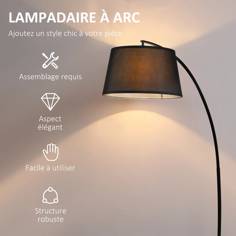 Lampadaire arc sur pied salon 47 x 105 x 190 cm lumière douce interrupteur à pied moderne contemporain en métal noir 21_0007007