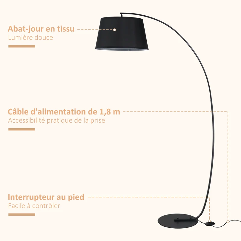 Lampadaire arc sur pied salon 47 x 105 x 190 cm lumière douce interrupteur à pied moderne contemporain en métal noir 21_0007007