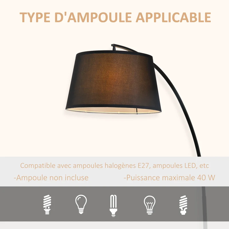 Lampadaire arc sur pied salon 47 x 105 x 190 cm lumière douce interrupteur à pied moderne contemporain en métal noir 21_0007007