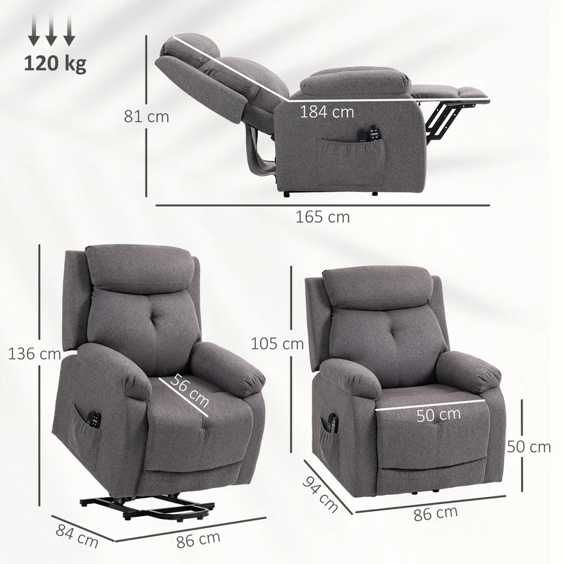 Fauteuil releveur électrique 86 x 94 x 105 cm massage chauffant aide au lever repose-pied intégré moderne en lin gris 21_0000918