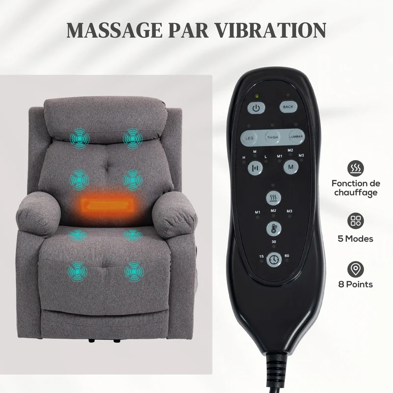 Fauteuil releveur électrique 86 x 94 x 105 cm massage chauffant aide au lever repose-pied intégré moderne en lin gris 21_0000918