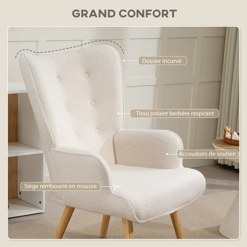 Fauteuil de salon oreilles capitonné 71 x 74 x 96 cm assise rembourrée incurvé contemporain cosy en polyester beige 21_0003537