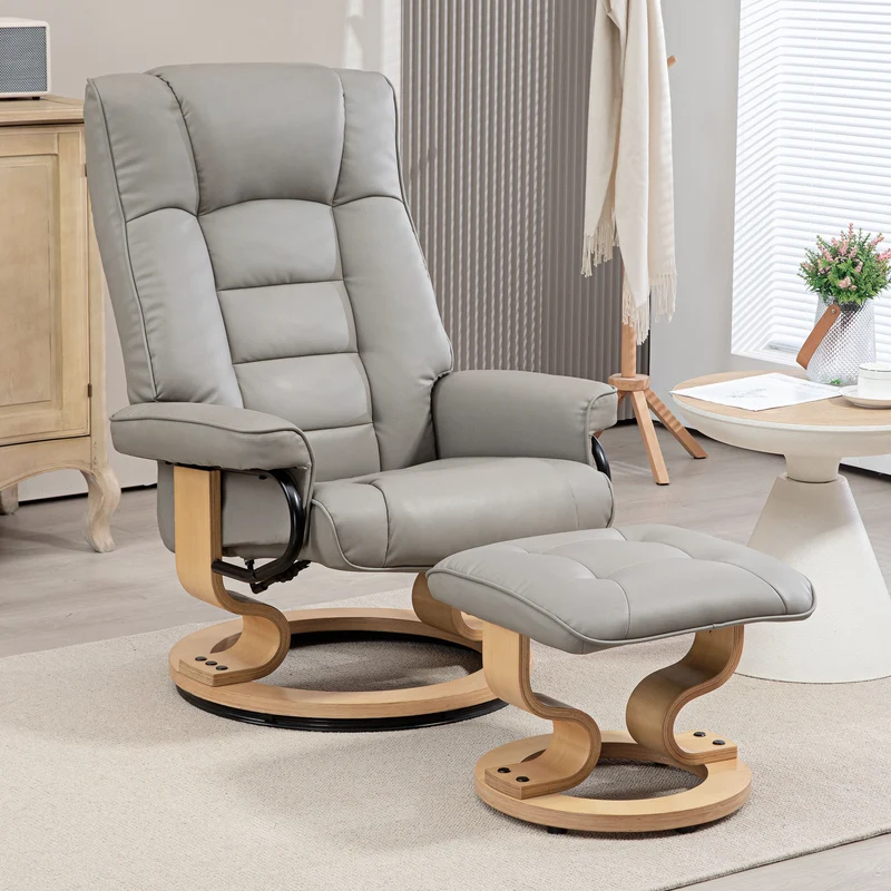 Fauteuil de relaxation avec repose-pied 76 x 85 x 104 cm inclinaison 130° pivotant 360° moderne en simili cuir gris 21_0003173