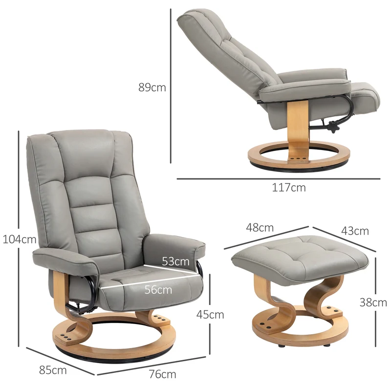 Fauteuil de relaxation avec repose-pied 76 x 85 x 104 cm inclinaison 130° pivotant 360° moderne en simili cuir gris 21_0003173