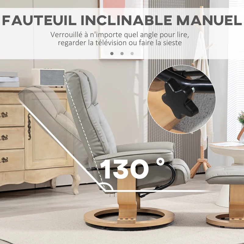 Fauteuil de relaxation avec repose-pied 76 x 85 x 104 cm inclinaison 130° pivotant 360° moderne en simili cuir gris 21_0003173