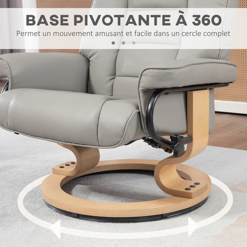 Fauteuil de relaxation avec repose-pied 76 x 85 x 104 cm inclinaison 130° pivotant 360° moderne en simili cuir gris 21_0003173