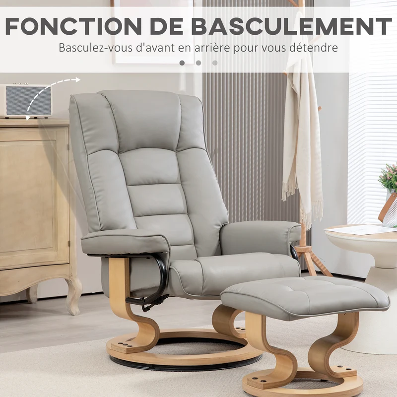 Fauteuil de relaxation avec repose-pied 76 x 85 x 104 cm inclinaison 130° pivotant 360° moderne en simili cuir gris 21_0003173