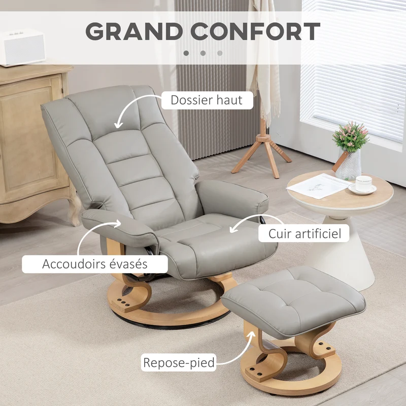 Fauteuil de relaxation avec repose-pied 76 x 85 x 104 cm inclinaison 130° pivotant 360° moderne en simili cuir gris 21_0003173