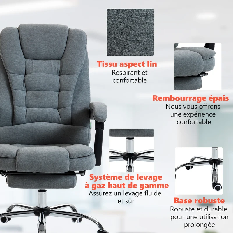 Fauteuil de bureau bien rembourré 65 x 70 x 111-119 cm massant et chauffant ergonomique moderne en tissu gris foncé 21_0006190