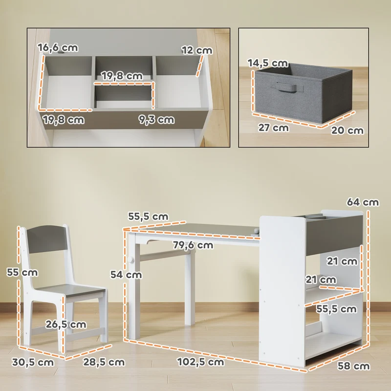 Ensemble table 2 chaises enfant 102,5 x 58 x 64 cm avec rangement et rouleau papier pratique scandinave en MDF gris 21_0000226