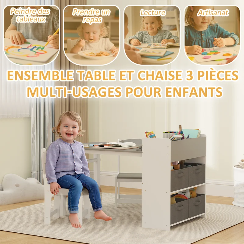 Ensemble table 2 chaises enfant 102,5 x 58 x 64 cm avec rangement et rouleau papier pratique scandinave en MDF gris 21_0000226