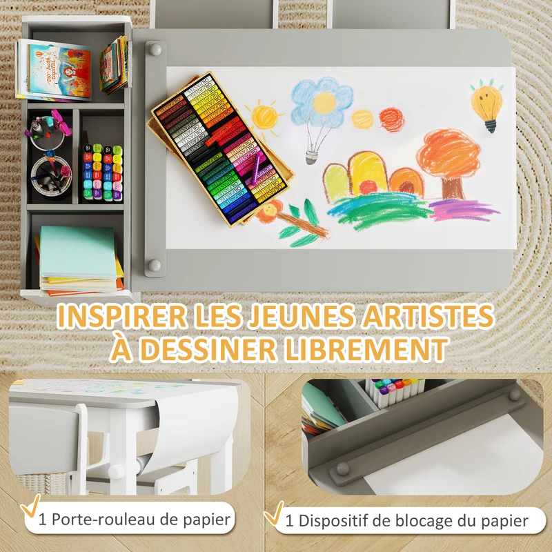 Ensemble table 2 chaises enfant 102,5 x 58 x 64 cm avec rangement et rouleau papier pratique scandinave en MDF gris 21_0000226
