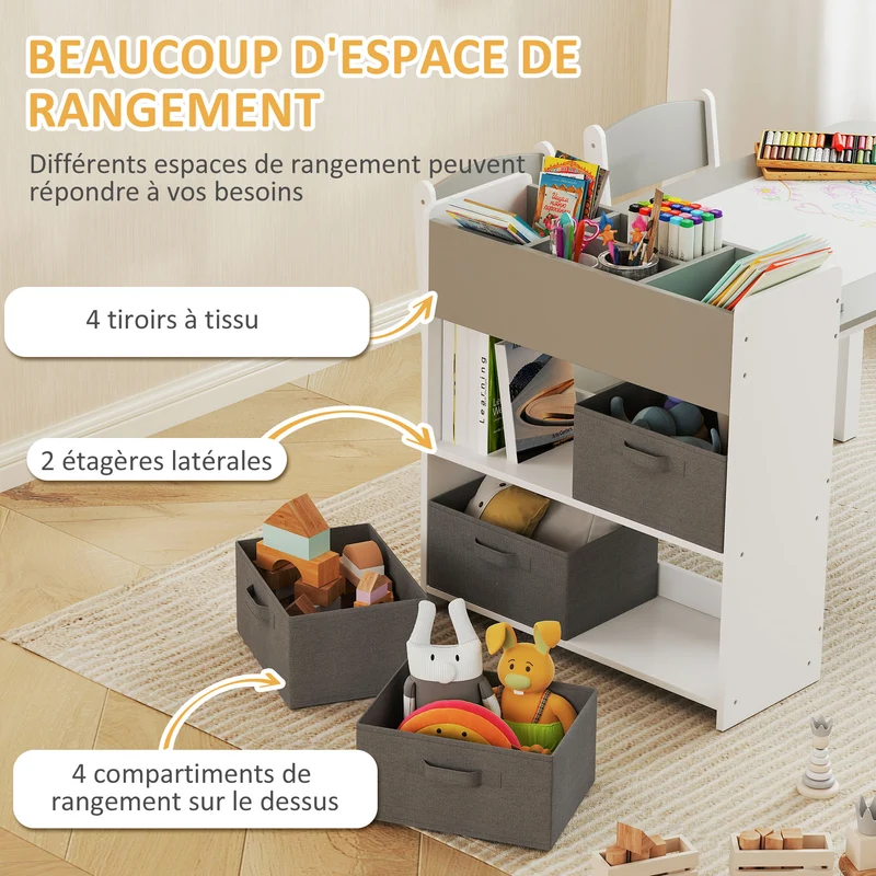 Ensemble table 2 chaises enfant 102,5 x 58 x 64 cm avec rangement et rouleau papier pratique scandinave en MDF gris 21_0000226