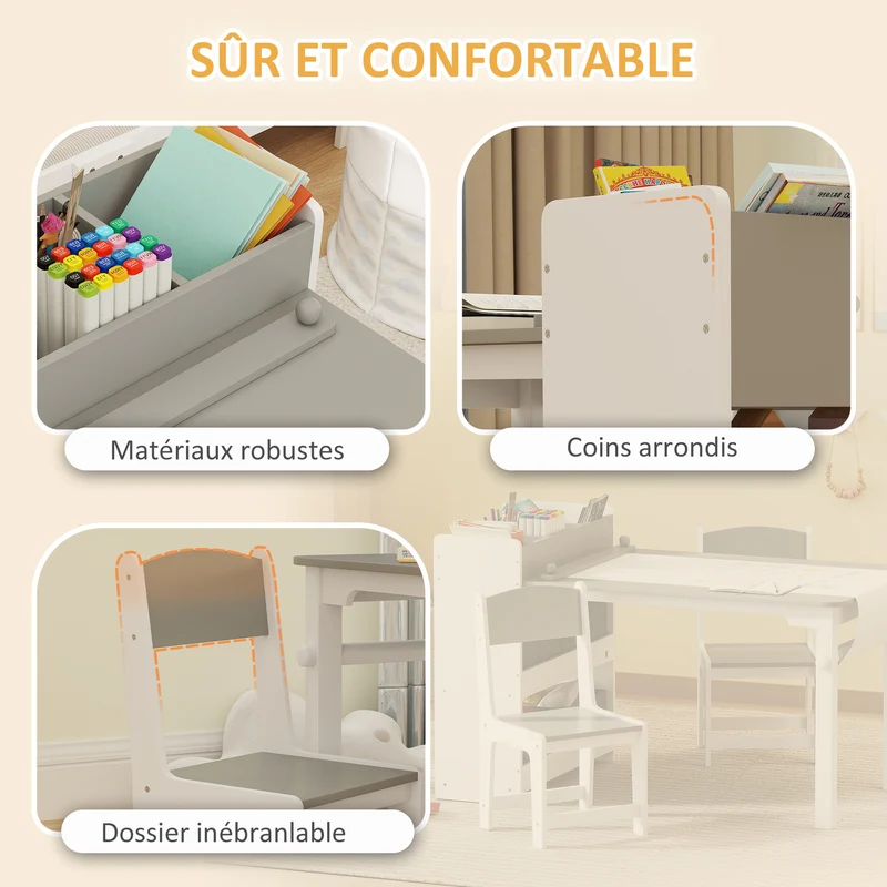 Ensemble table 2 chaises enfant 102,5 x 58 x 64 cm avec rangement et rouleau papier pratique scandinave en MDF gris 21_0000226