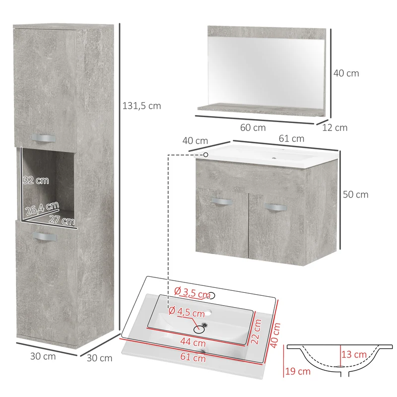 Ensemble meuble salle de bain mural 61 x 40 x 50 cm gain de rangement étagères réglables moderne épuré en bois gris 21_0001979