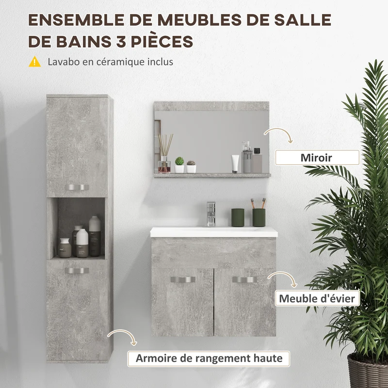 Ensemble meuble salle de bain mural 61 x 40 x 50 cm gain de rangement étagères réglables moderne épuré en bois gris 21_0001979