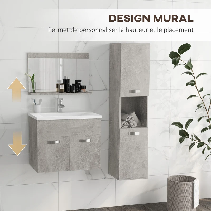 Ensemble meuble salle de bain mural 61 x 40 x 50 cm gain de rangement étagères réglables moderne épuré en bois gris 21_0001979