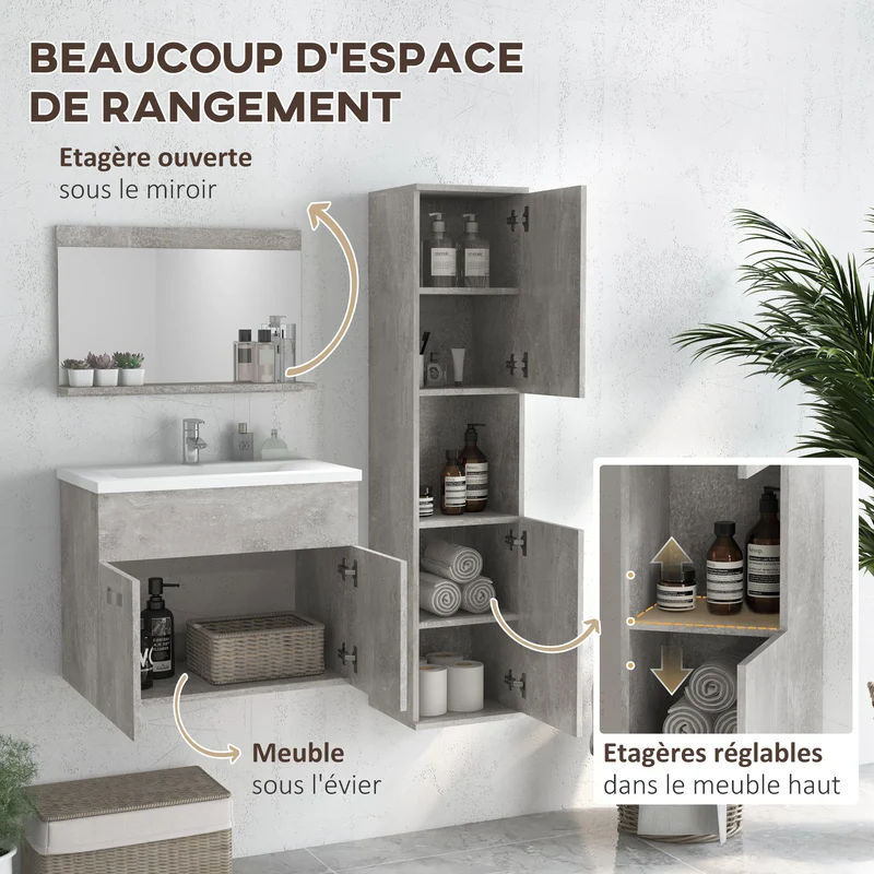 Ensemble meuble salle de bain mural 61 x 40 x 50 cm gain de rangement étagères réglables moderne épuré en bois gris 21_0001979
