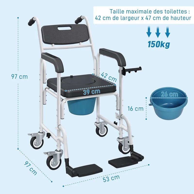 Chaise percée roulante de douche 53 x 97 x 97 cm seau amovible repose-pieds roues verrouillables épuré en aluminium noir 21_0000915