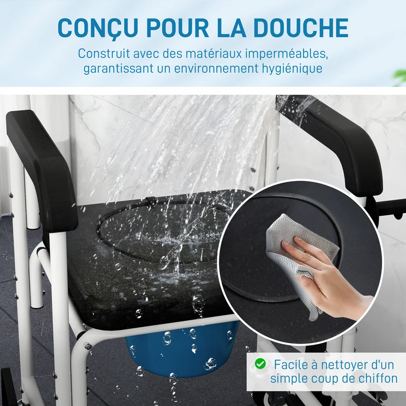 Chaise percée roulante de douche 53 x 97 x 97 cm seau amovible repose-pieds roues verrouillables épuré en aluminium noir 21_0000915