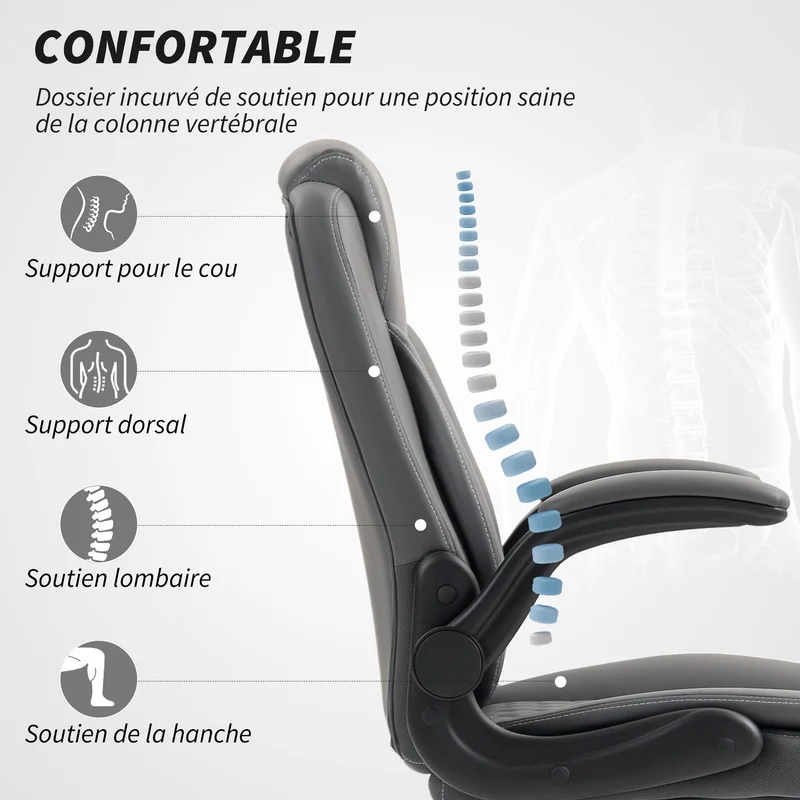 Chaise de bureau ergonomique 67 x 65 x 110 cm hauteur réglable basculante design moderne en polyuréthane gris foncé 21_0006302