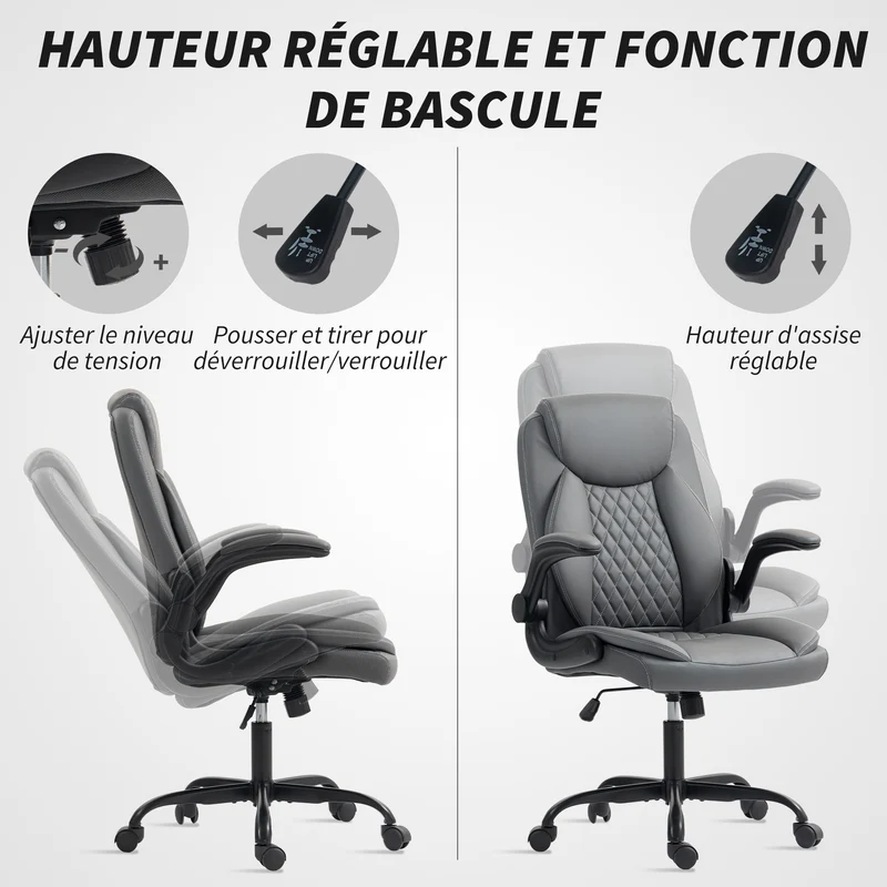 Chaise de bureau ergonomique 67 x 65 x 110 cm hauteur réglable basculante design moderne en polyuréthane gris foncé 21_0006302