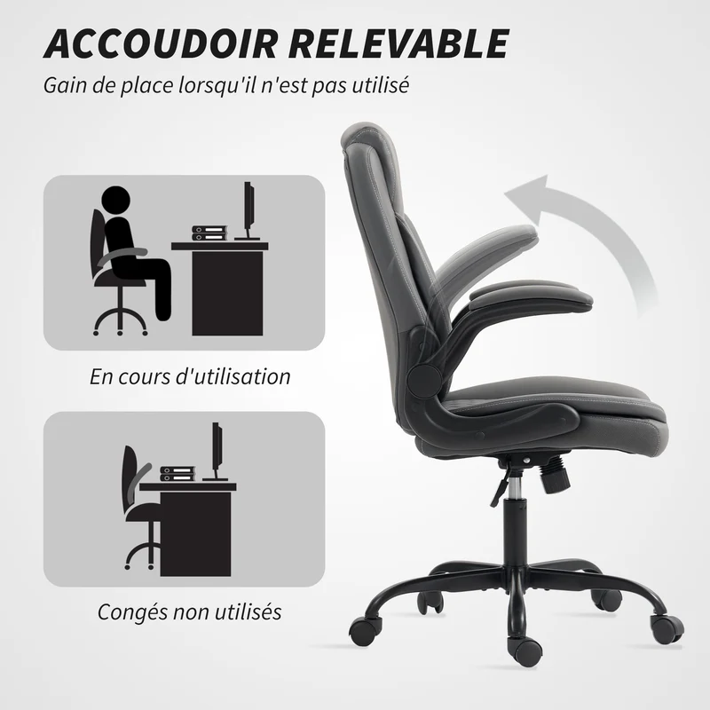 Chaise de bureau ergonomique 67 x 65 x 110 cm hauteur réglable basculante design moderne en polyuréthane gris foncé 21_0006302
