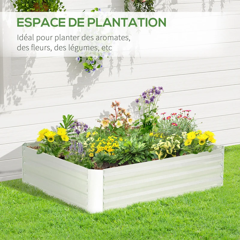 Carré potager surélevé 120 x 90 x 30 cm anti mauvaises herbes bon drainage utile design épuré en acier galvanisé argent 21_0004217