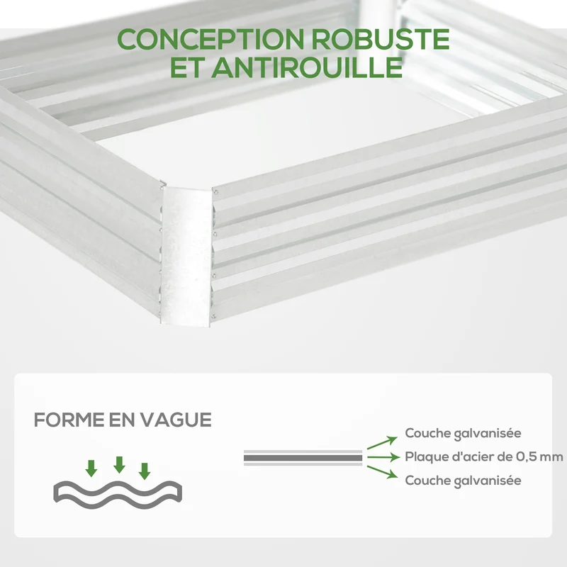Carré potager surélevé 120 x 90 x 30 cm anti mauvaises herbes bon drainage utile design épuré en acier galvanisé argent 21_0004217