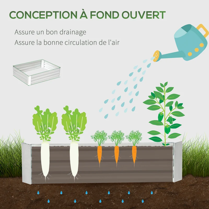 Carré potager surélevé 120 x 90 x 30 cm anti mauvaises herbes bon drainage utile design épuré en acier galvanisé argent 21_0004217
