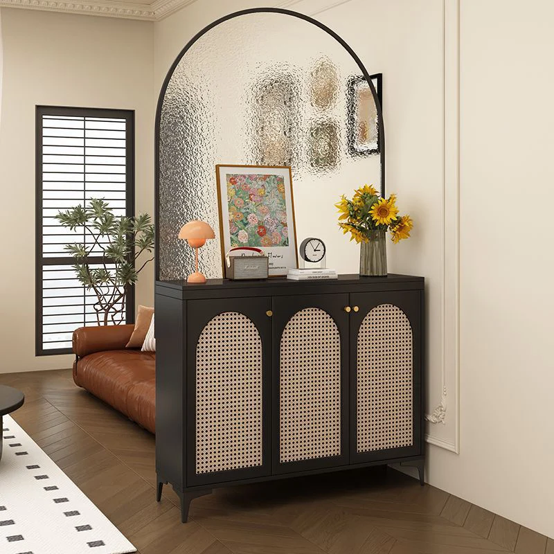 Modern Mid-Century Solid Wood Eco Board Faux Rattan Stainless Steel Glass Rectangular Weaving Shoe Storage 3-Tier For Entryway